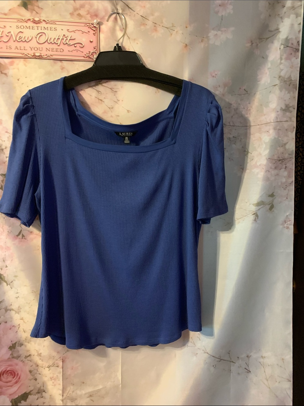 Ralph Lauren Royal Blue Ribbed Square-Neck Short Sleeve Top